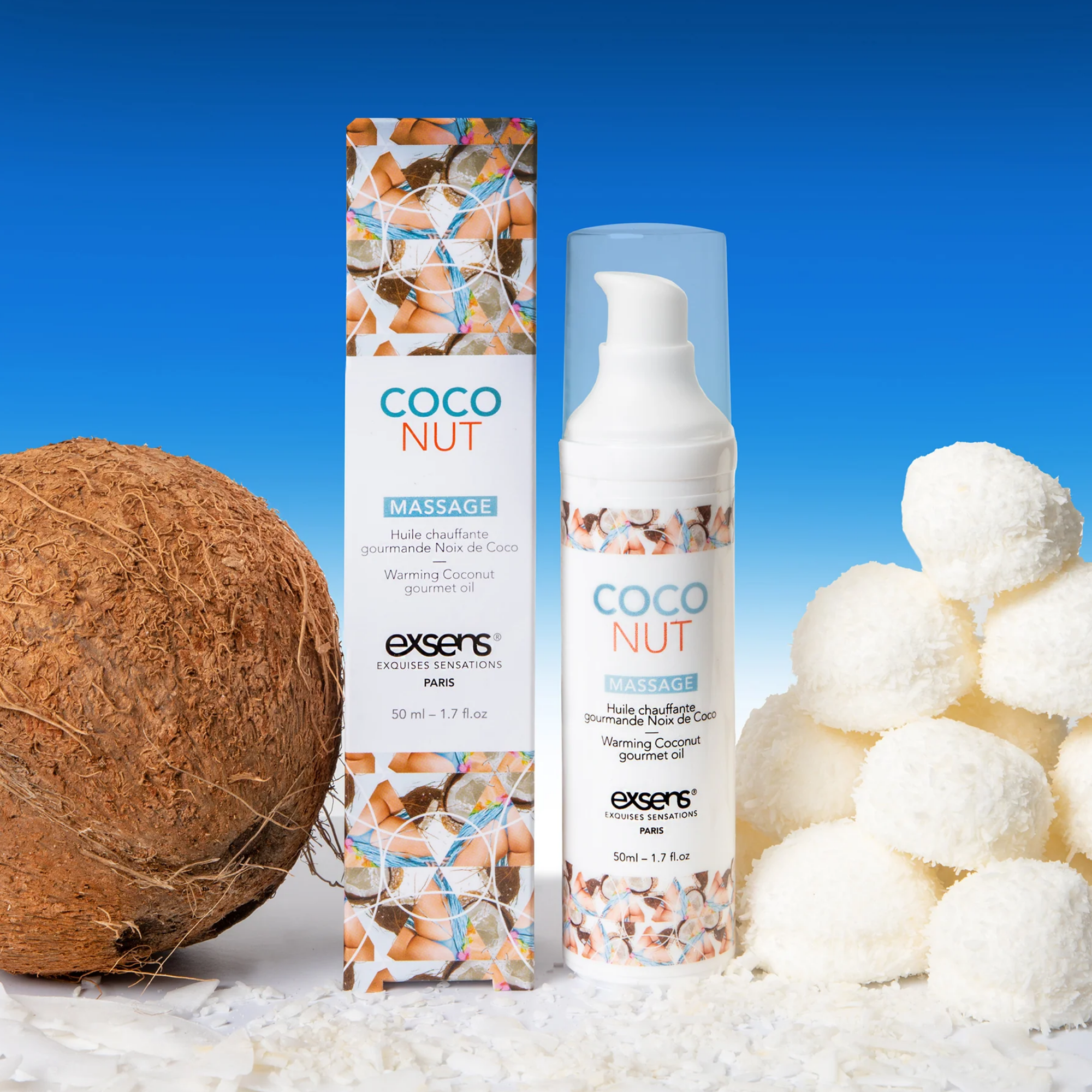 Coco Nut massage product with coconut and coconut oil on a blue background